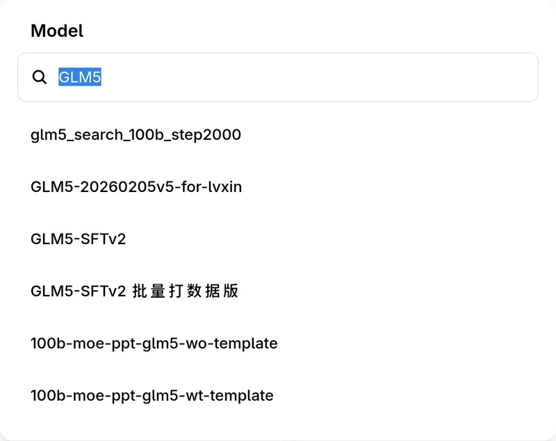 Screenshot of the model list with GLM-5 from 03/02/2026